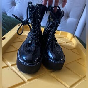 Black Patent Platform Lace-Up Ankle Boots - Women's